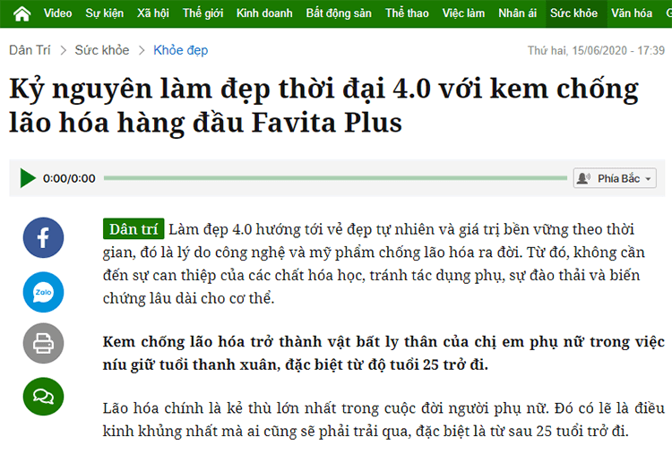 Báo Dân Trí đưa tin về Favita Plus