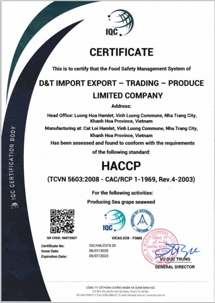 Giấy chứng nhận Rong nho Hogi đạt chứng chỉ quản lý chất lượng HACCP