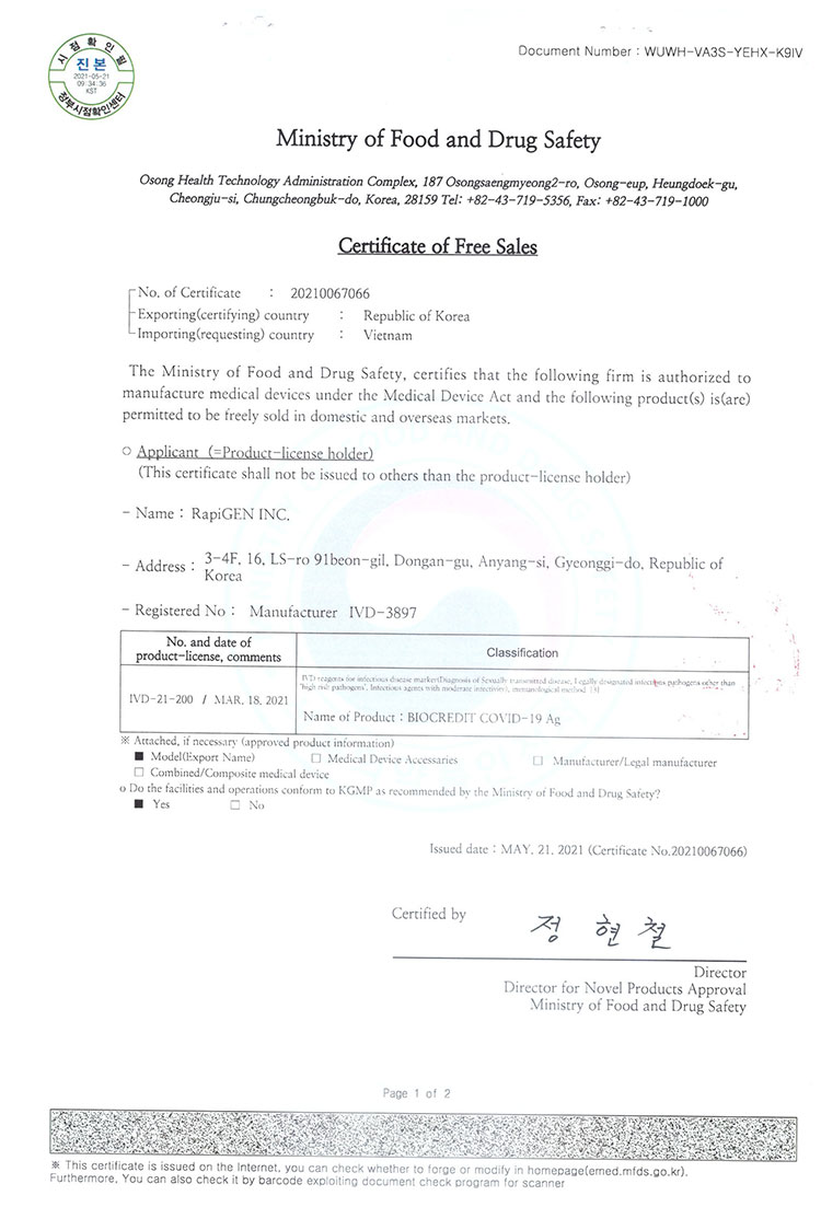 BioCredit Covid-19 Ag được chứng nhận lưu hành tự do tại Hàn Quốc