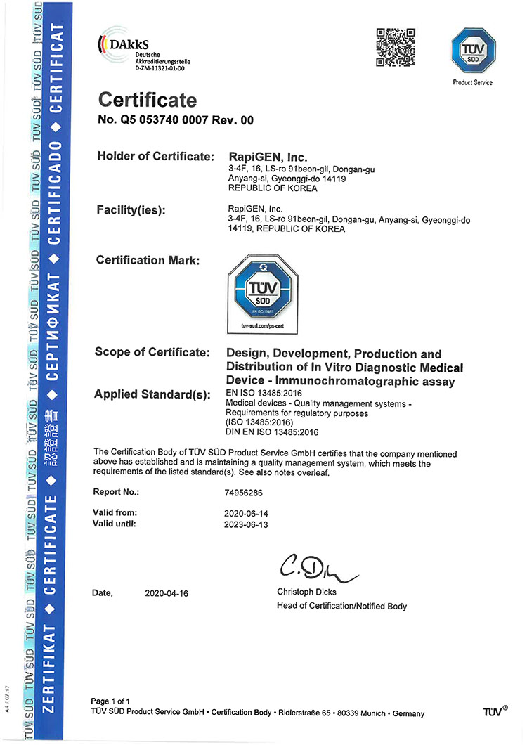 Chứng nhận ISO BioCredit Covid-19 Ag RapiGEN Inc.