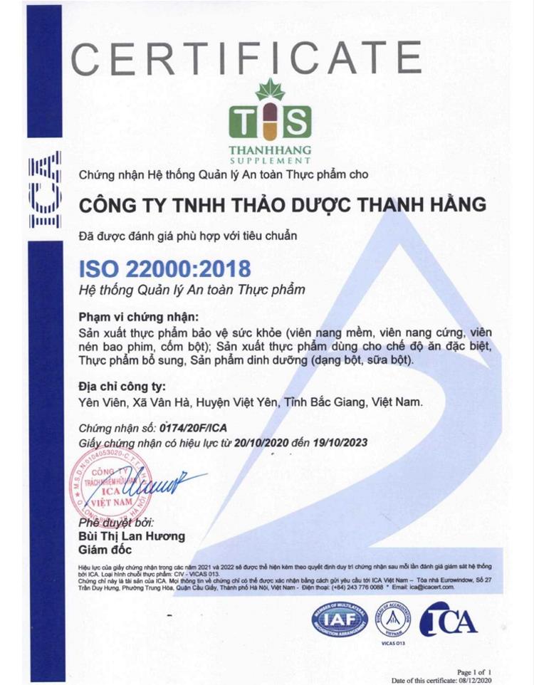 Chứng nhận ISO 22000:2018 của công ty thảo dược Thanh Hằng
