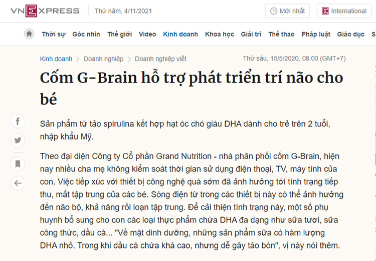 Báo VnExpress đưa tin về Cốm G-Brain
