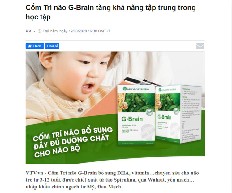 Báo VTV đưa tin về Cốm Trí Não G-Brain