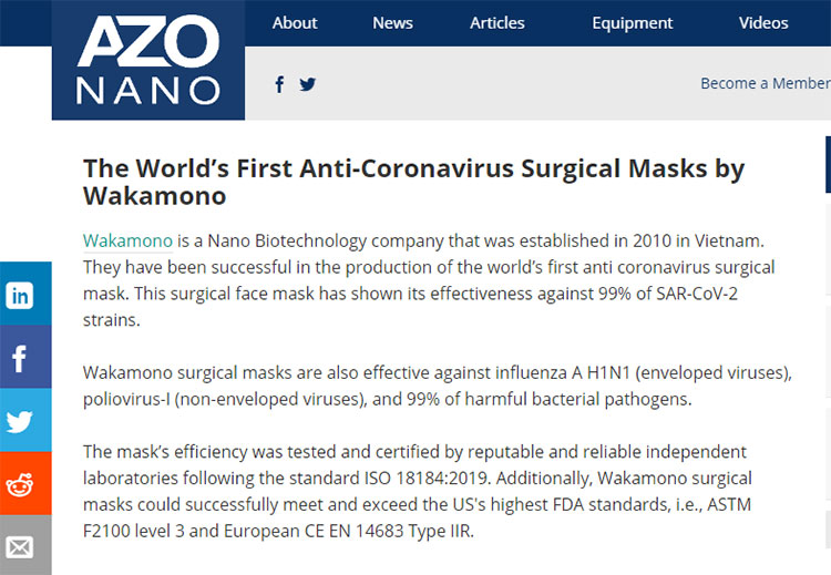 Báo Azo Nano đăng bài về Khẩu trang y tế Wakamono