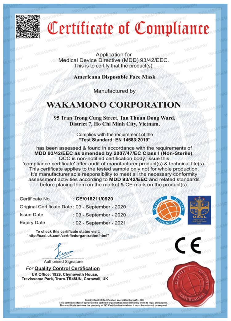 Chứng nhận CE của khẩu trang y tế Wakamono
