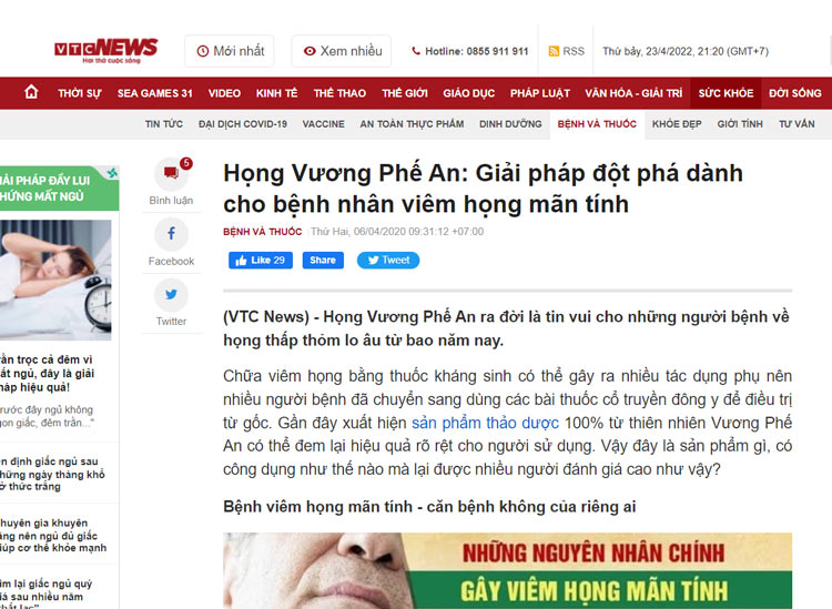Vương Phế An xuất hiện trên báo VTV-News