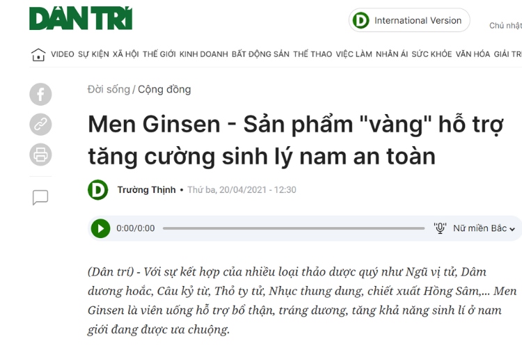 Báo Dân trí đưa tin về Men Ginsen