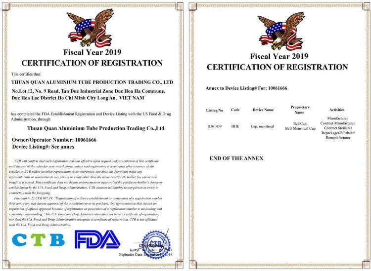 Chứng nhận FDA về nhà sản xuất và sản phẩm BeUCup